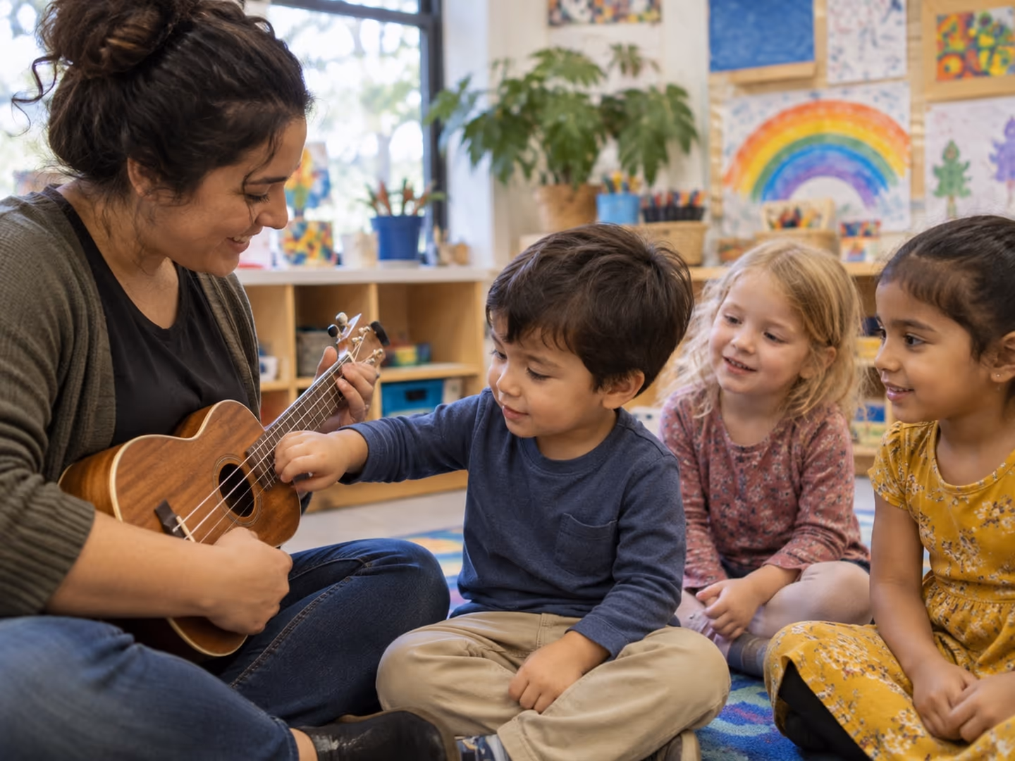 Illustration: a teacher plays ukulele for a circle of young children on a classroom rug. An AI recreation with fictional participants.